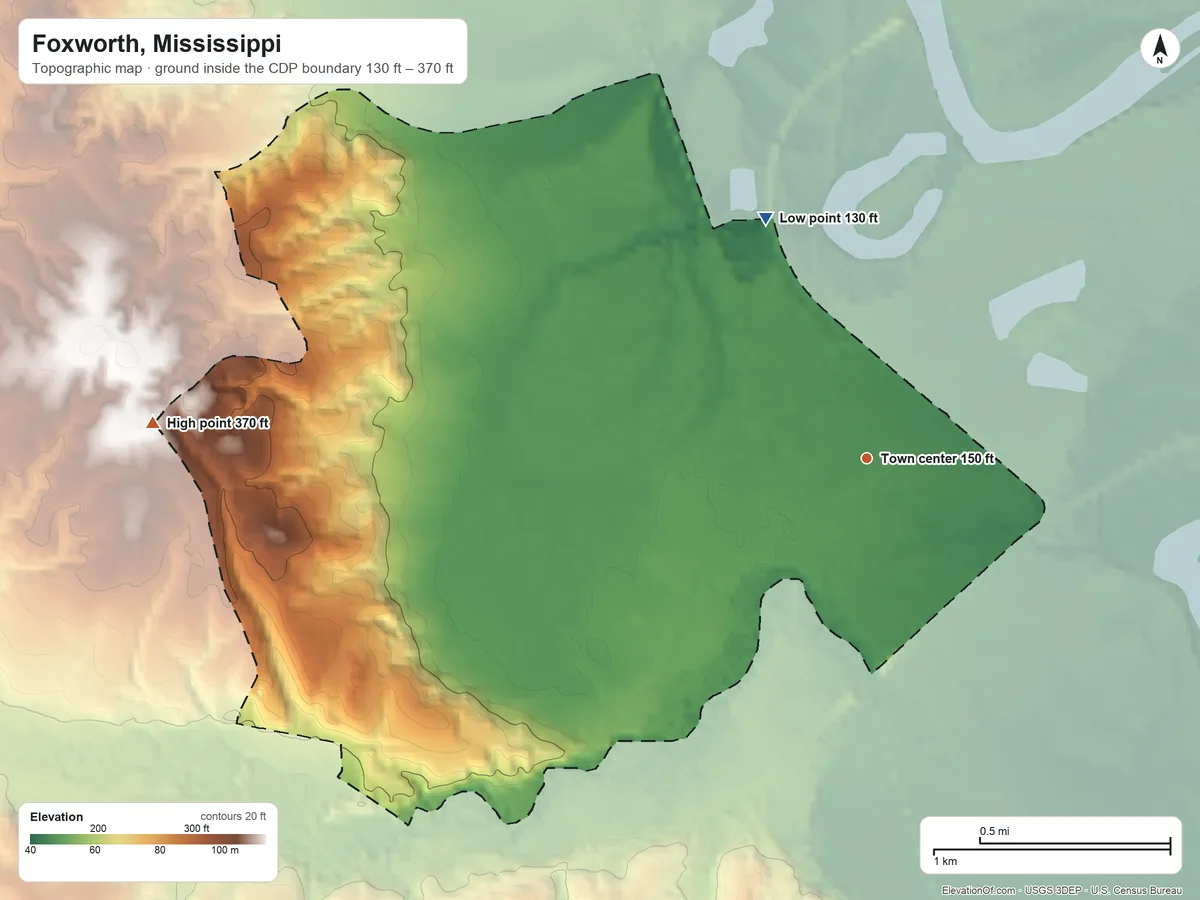 Topographic elevation map of Foxworth, Mississippi, shaded from 130 ft on the northwest side to 370 ft on the west side