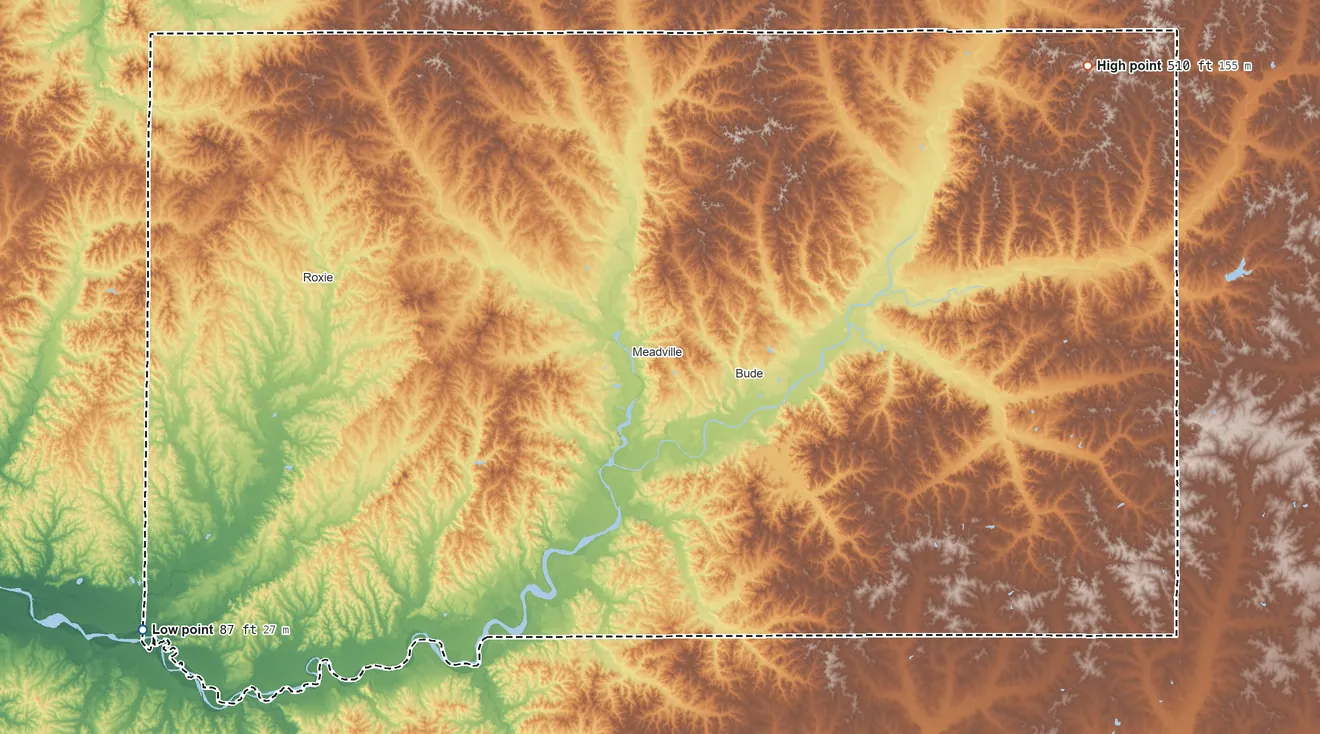 Topographic elevation map of Franklin County, Mississippi, shaded from 87 ft on the southwest side to 510 ft on the northeast side