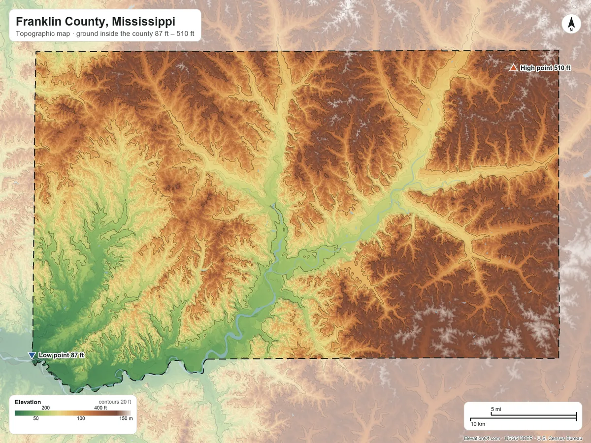 Topographic elevation map of Franklin County, Mississippi, shaded from 87 ft on the southwest side to 510 ft on the northeast side