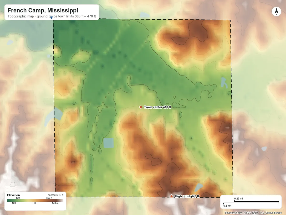 Topographic elevation map of French Camp, Mississippi, shaded from 380 ft on the northwest side to 470 ft on the south side