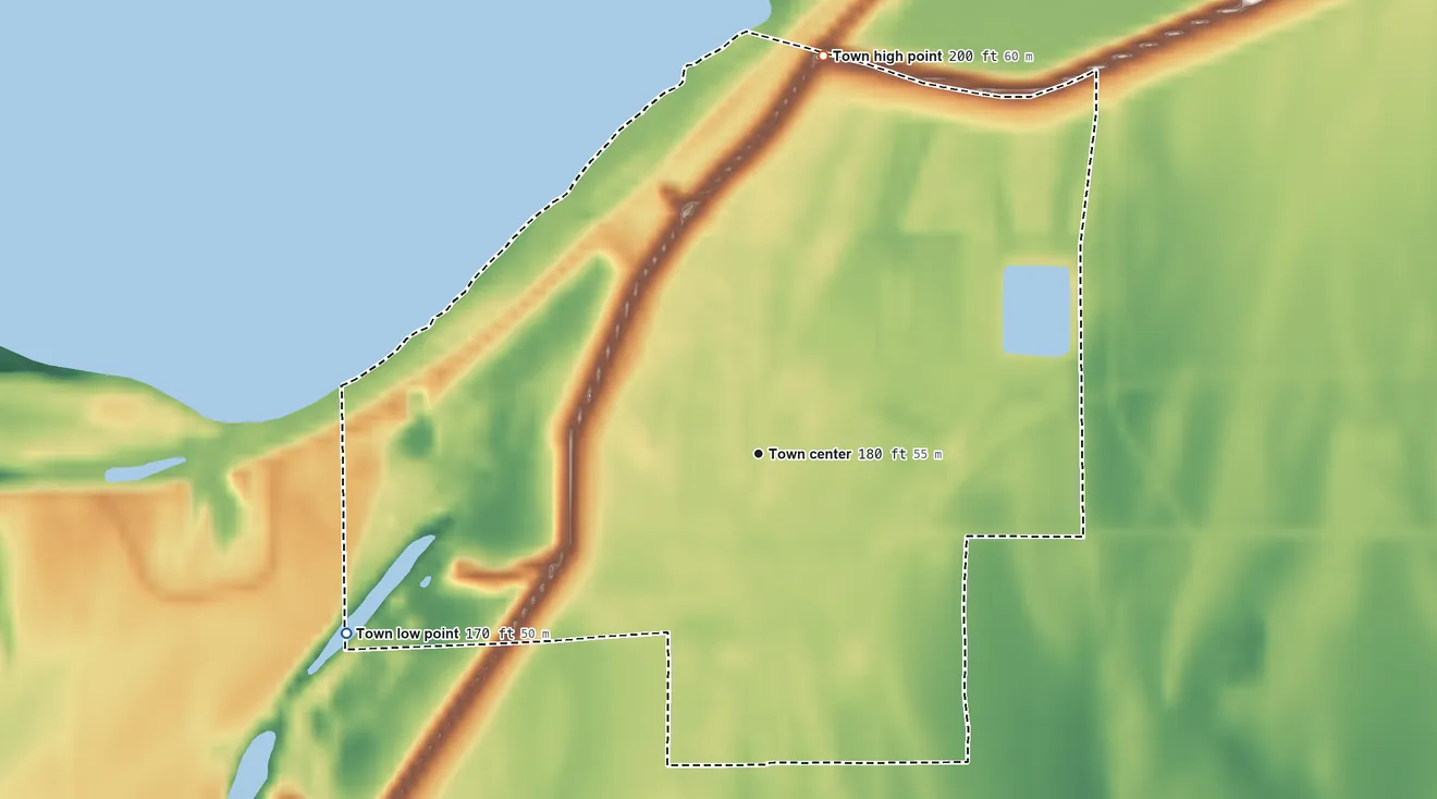 Topographic elevation map of Friars Point, Mississippi, shaded from 170 ft on the southwest side to 200 ft on the north side