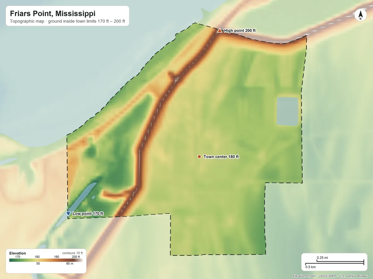 Topographic elevation map of Friars Point, Mississippi, shaded from 170 ft on the southwest side to 200 ft on the north side