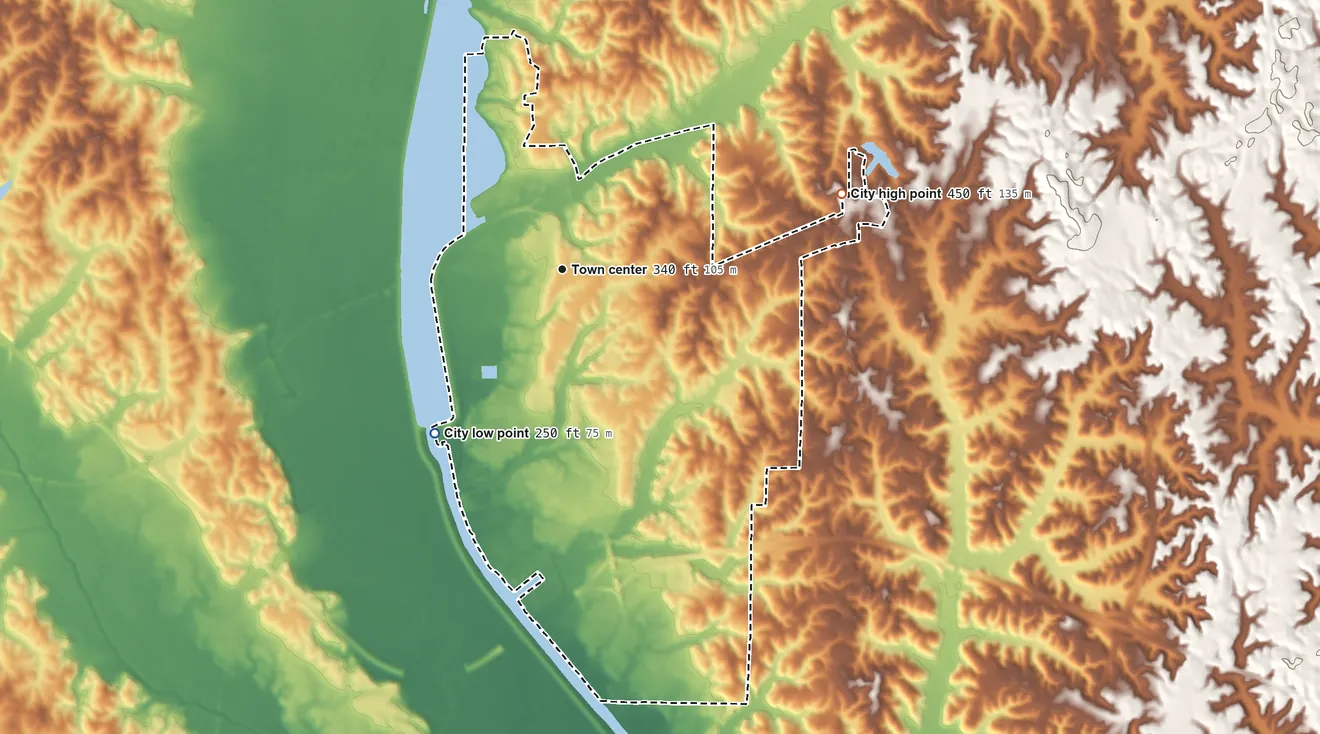 Topographic elevation map of Fulton, Mississippi, shaded from 250 ft on the southwest side to 450 ft on the east side