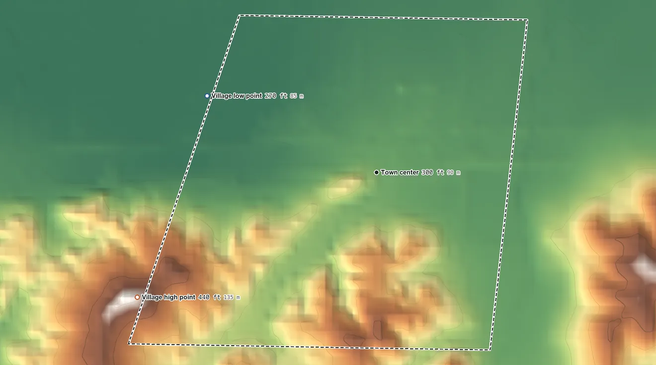 Topographic elevation map of Gattman, Mississippi, shaded from 270 ft on the northwest side to 440 ft on the southwest side