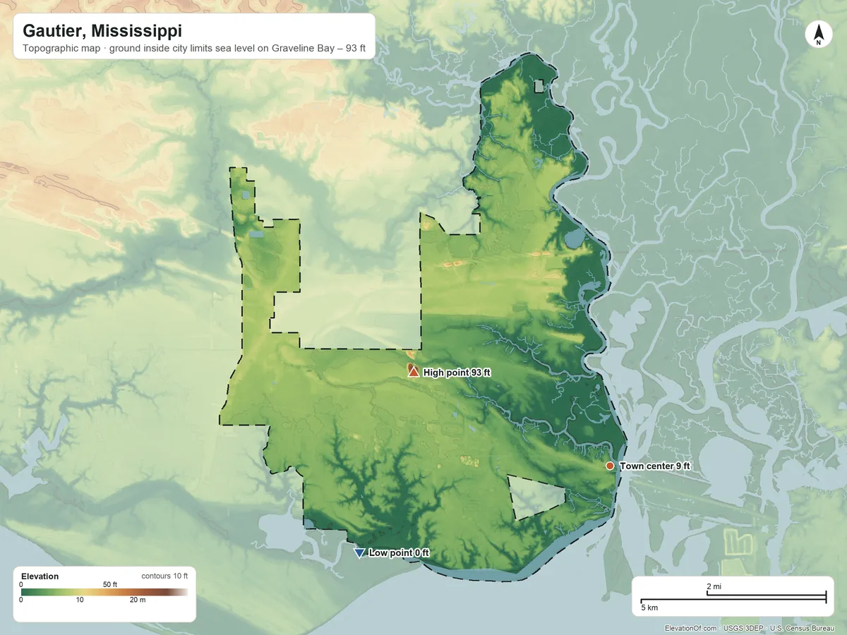 Topographic elevation map of Gautier, Mississippi, shaded from sea level level on Graveline Bay to 93 ft on the northwest side