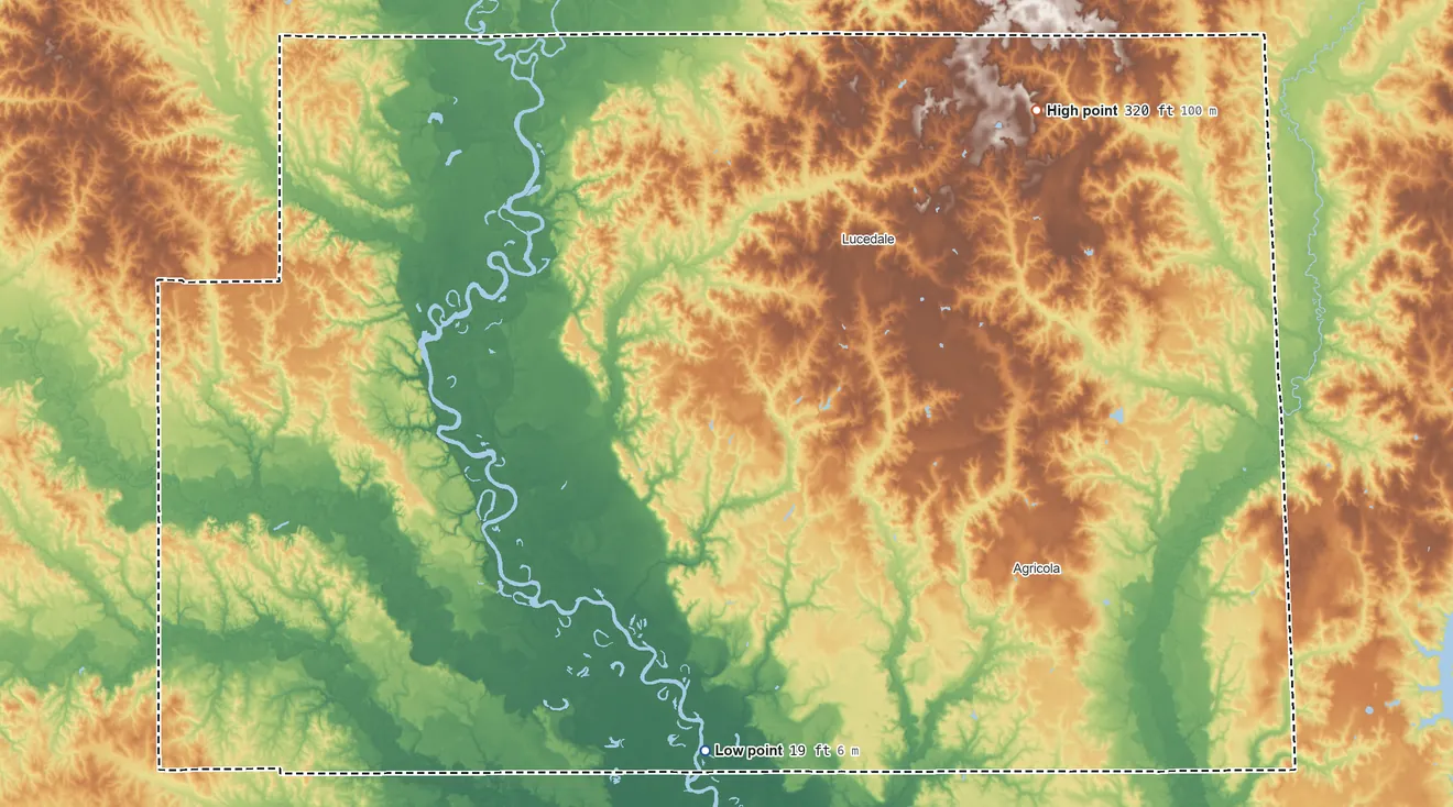 Topographic elevation map of George County, Mississippi, shaded from 19 ft on the south side to 320 ft on the northeast side