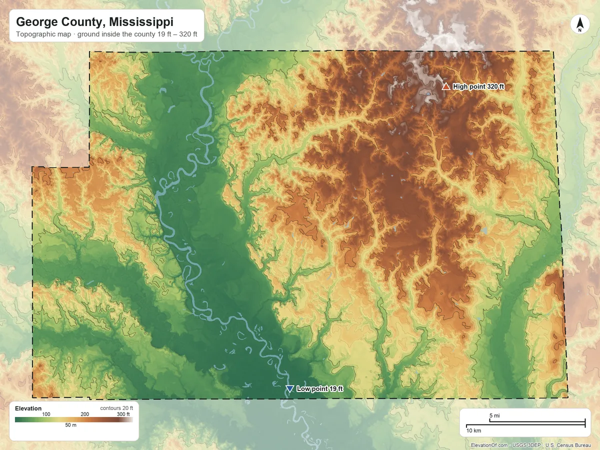 Topographic elevation map of George County, Mississippi, shaded from 19 ft on the south side to 320 ft on the northeast side