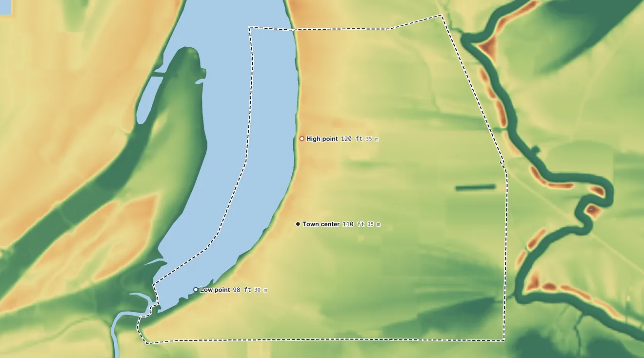 Topographic elevation map of Glen Allan, Mississippi, shaded from 98 ft on the southwest side to 120 ft on the north side