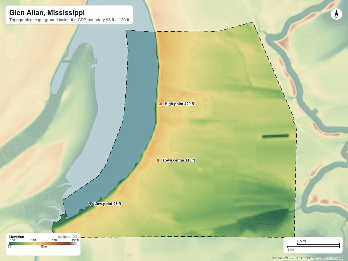 Topographic elevation map of Glen Allan, Mississippi, shaded from 98 ft on the southwest side to 120 ft on the north side