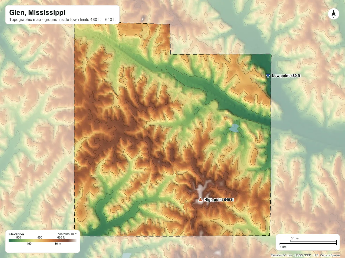 Topographic elevation map of Glen, Mississippi, shaded from 480 ft on the northeast side to 640 ft on the southeast side