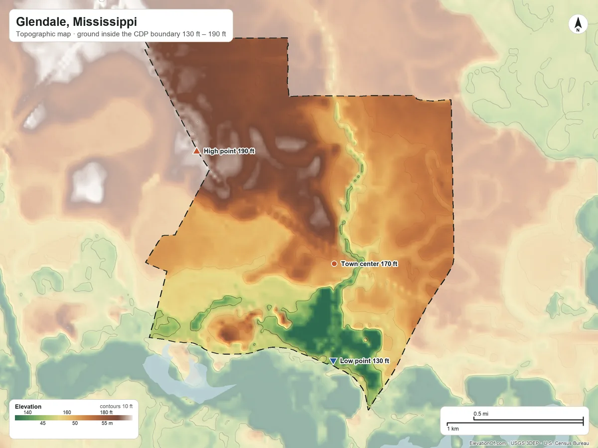 Topographic elevation map of Glendale, Mississippi, shaded from 130 ft on the south side to 190 ft on the northwest side