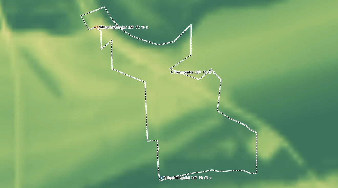Topographic elevation map of Glendora, Mississippi, shaded from 140 ft on the south side to 150 ft on the northwest side