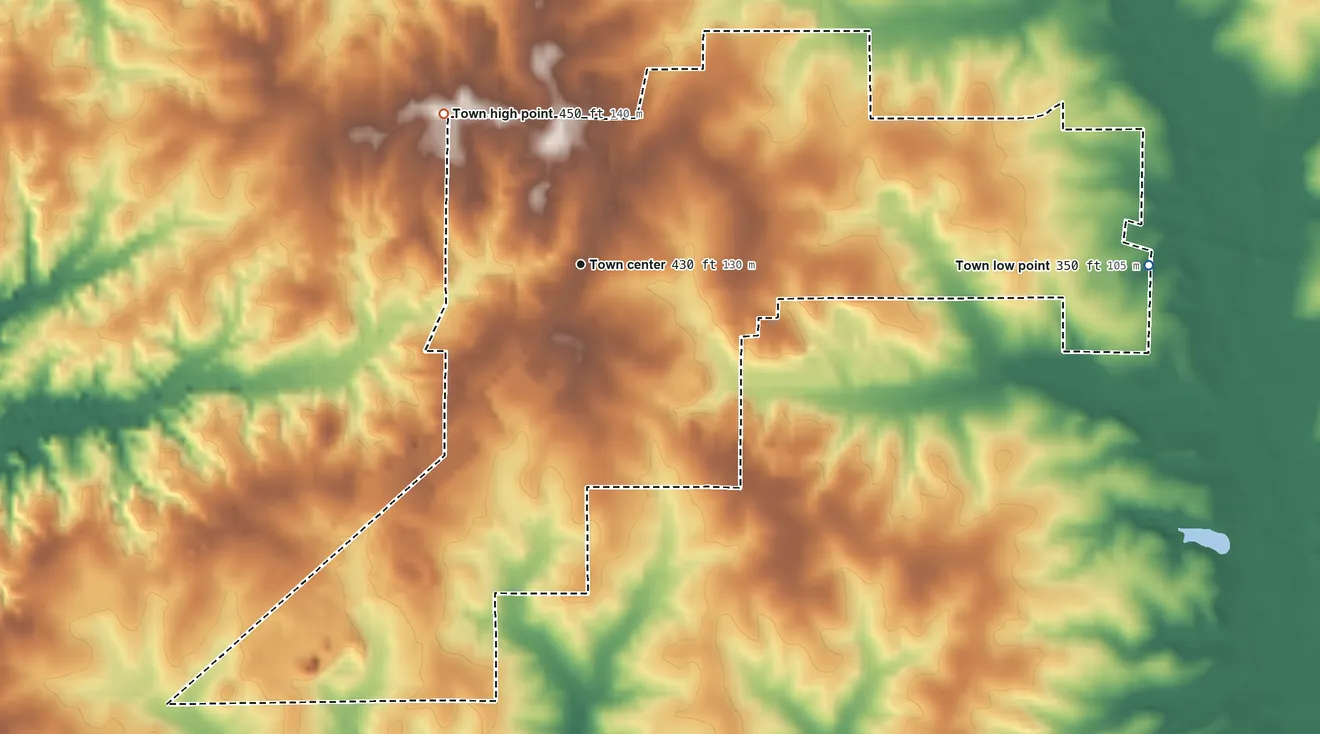 Topographic elevation map of Gloster, Mississippi, shaded from 350 ft on the east side to 450 ft on the northwest side