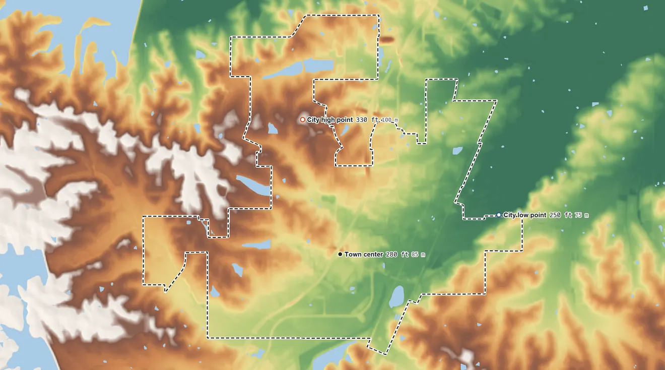 Topographic elevation map of Gluckstadt, Mississippi, shaded from 250 ft on the east side to 330 ft on the north side