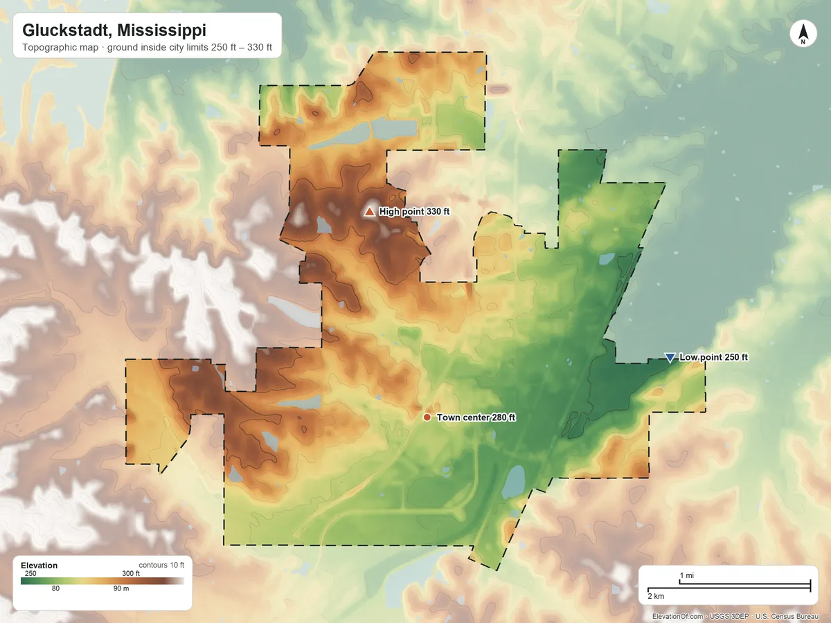 Topographic elevation map of Gluckstadt, Mississippi, shaded from 250 ft on the east side to 330 ft on the north side