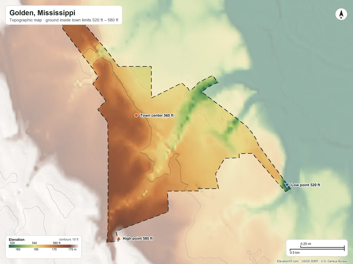 Topographic elevation map of Golden, Mississippi, shaded from 520 ft on the southeast side to 580 ft on the south side