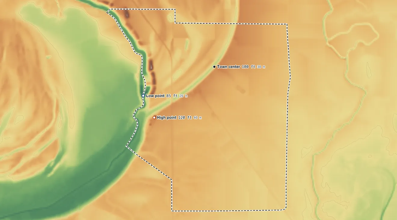Topographic elevation map of Grace, Mississippi, shaded from 85 ft on the west side to 120 ft on the southwest side