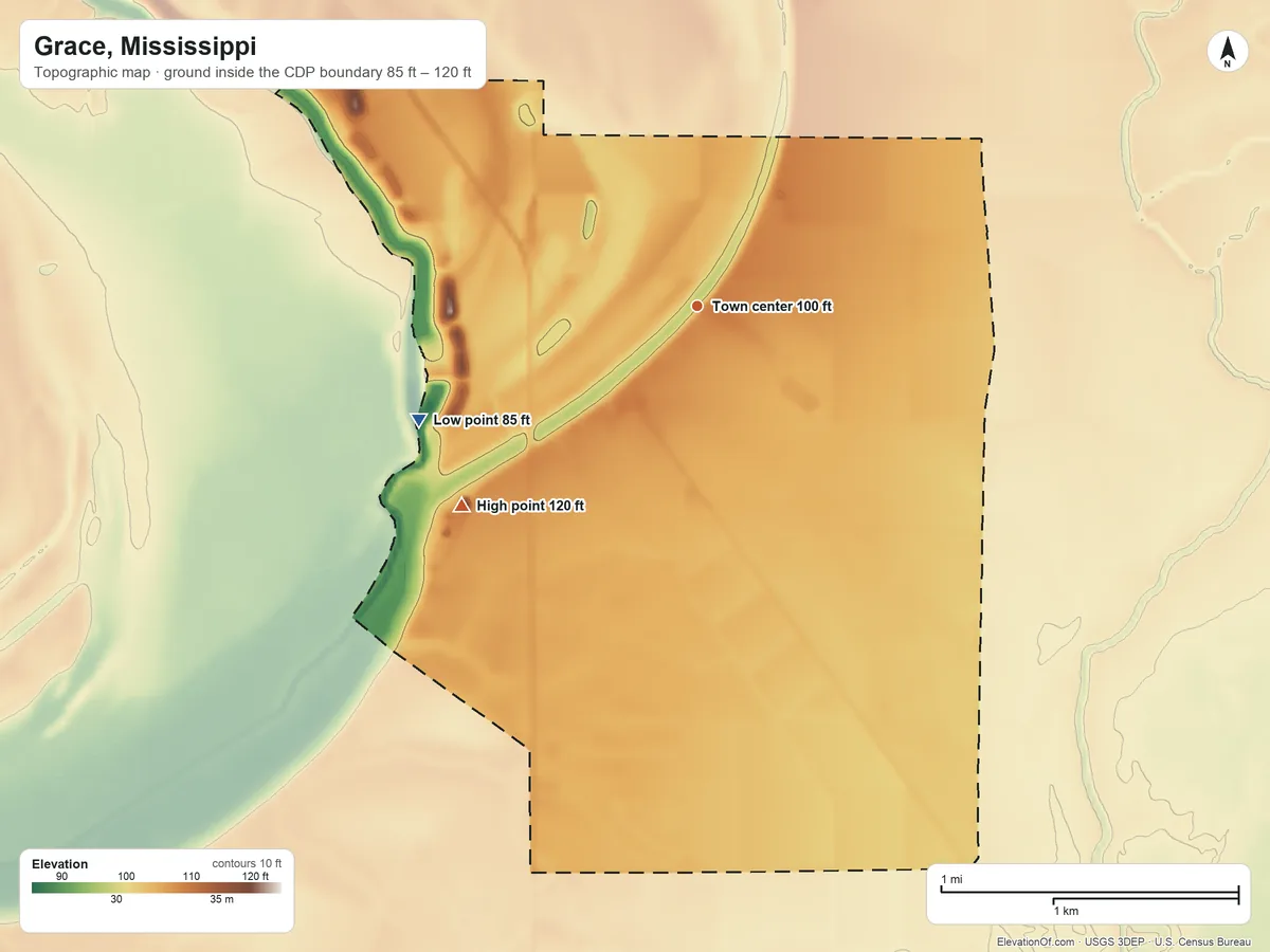 Topographic elevation map of Grace, Mississippi, shaded from 85 ft on the west side to 120 ft on the southwest side