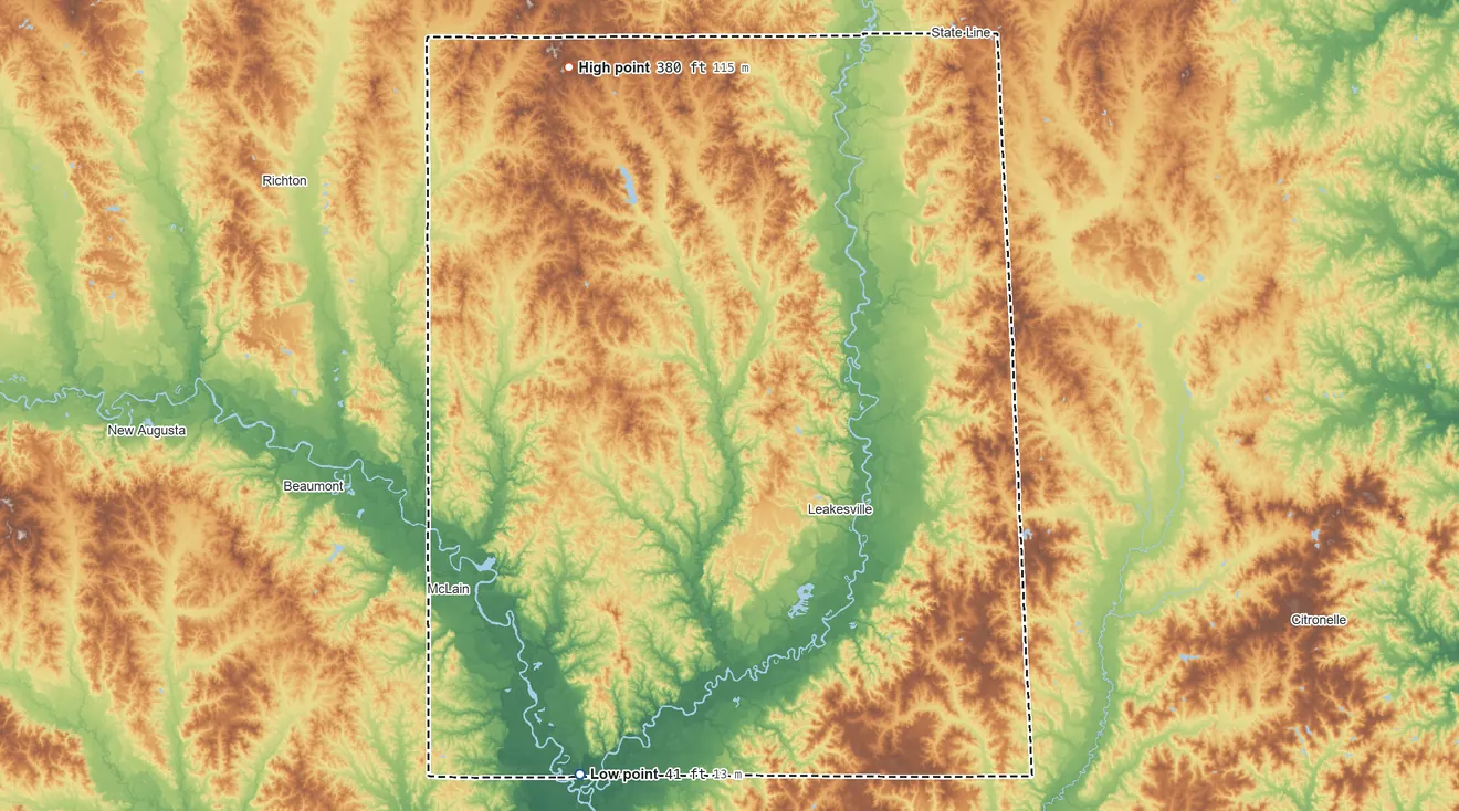 Topographic elevation map of Greene County, Mississippi, shaded from 41 ft on the south side to 380 ft on the northwest side