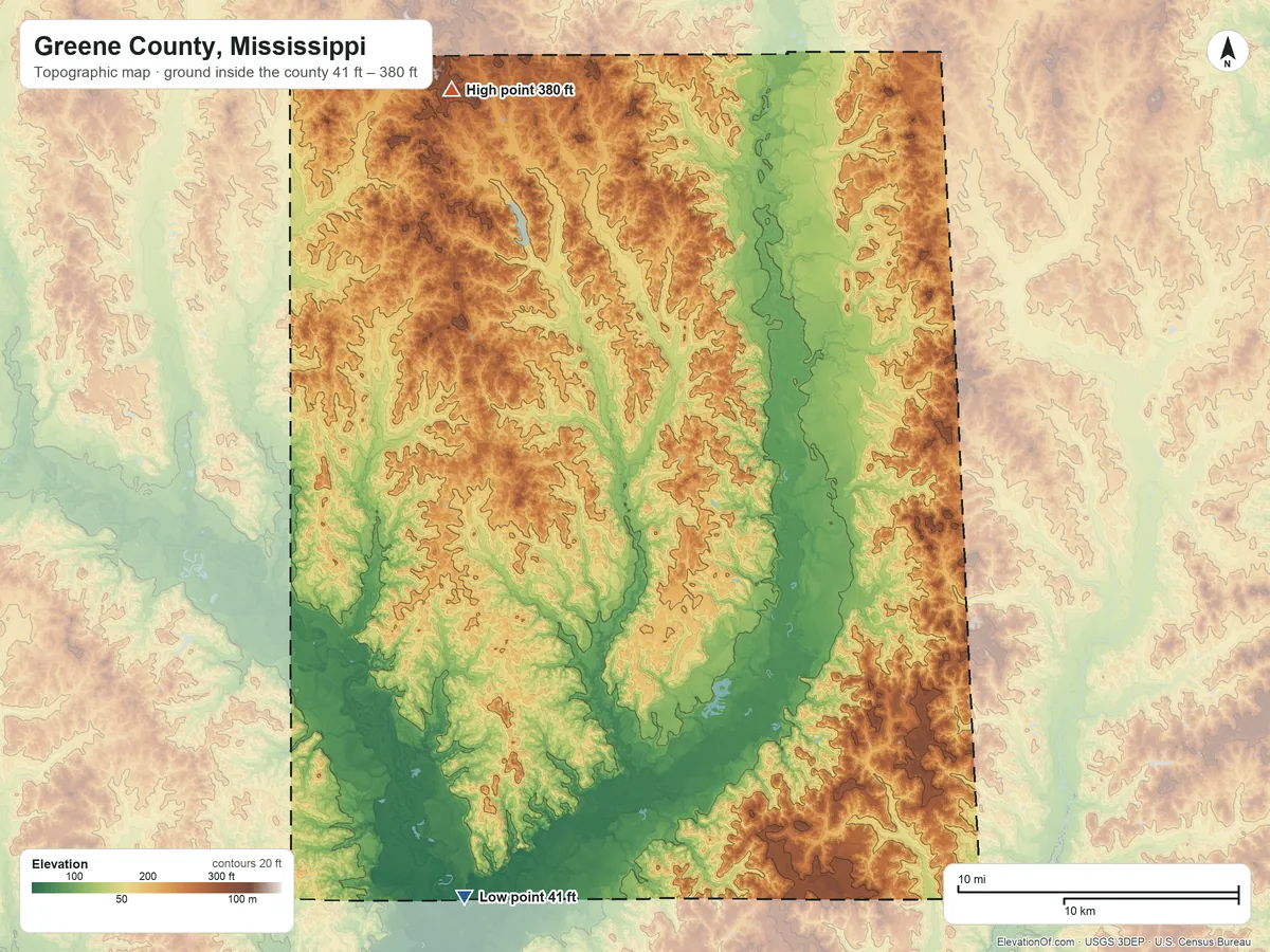 Topographic elevation map of Greene County, Mississippi, shaded from 41 ft on the south side to 380 ft on the northwest side