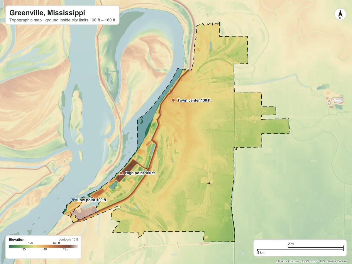Topographic elevation map of Greenville, Mississippi, shaded from 100 ft on the southwest side to 160 ft on the southwest side