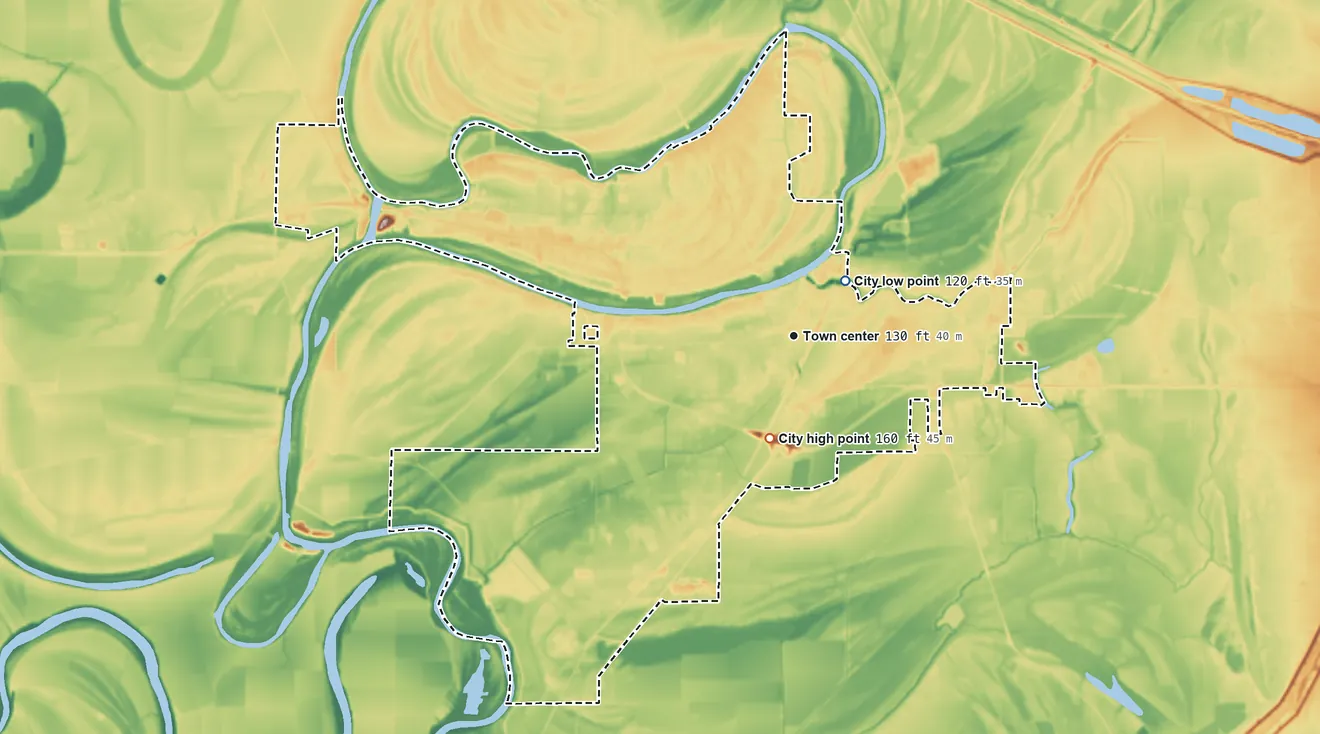 Topographic elevation map of Greenwood, Mississippi, shaded from 120 ft near the middle to 160 ft on the south side