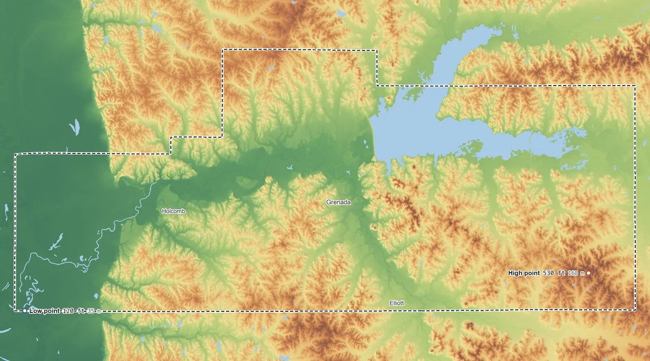 Topographic elevation map of Grenada County, Mississippi, shaded from 120 ft on the southwest side to 530 ft on the east side