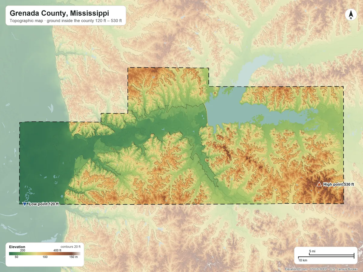 Topographic elevation map of Grenada County, Mississippi, shaded from 120 ft on the southwest side to 530 ft on the east side