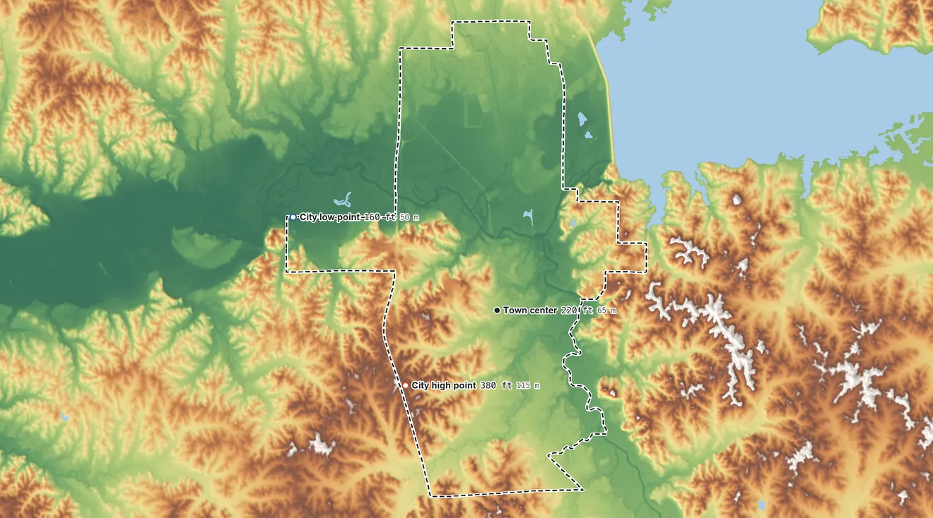 Topographic elevation map of Grenada, Mississippi, shaded from 160 ft on the northwest side to 380 ft on the southwest side
