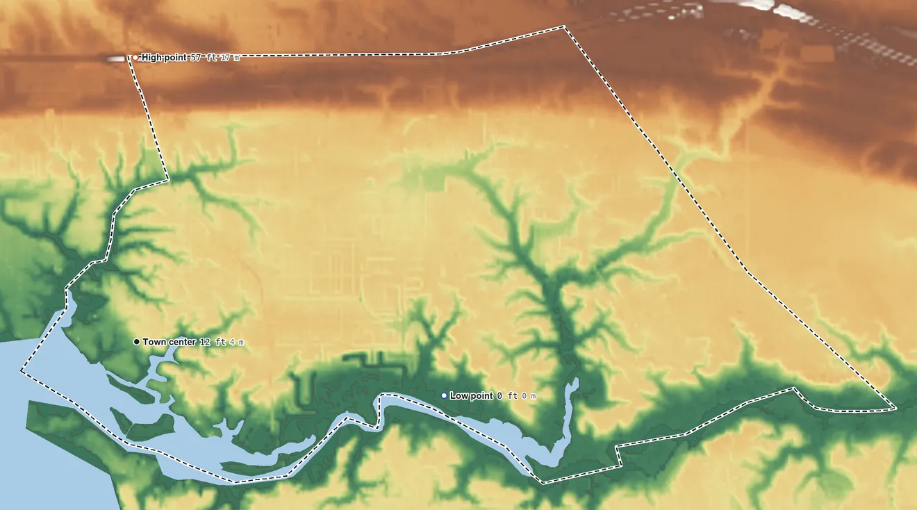 Topographic elevation map of Gulf Hills, Mississippi, shaded from sea level level on the Back Bay of Biloxi to 57 ft on the north side