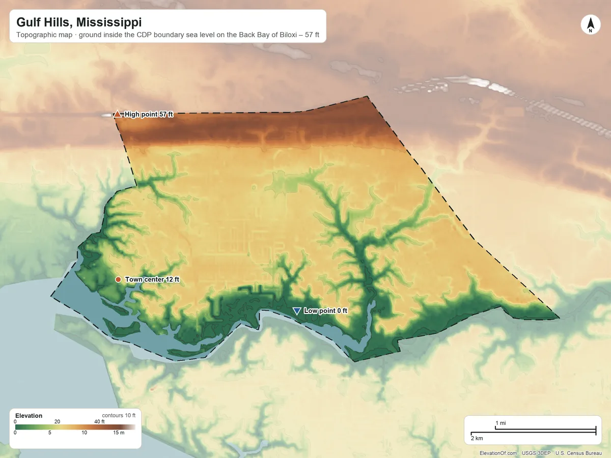 Topographic elevation map of Gulf Hills, Mississippi, shaded from sea level level on the Back Bay of Biloxi to 57 ft on the north side