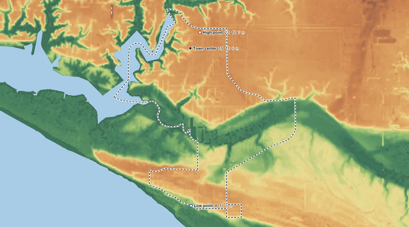 Topographic elevation map of Gulf Park Estates, Mississippi, shaded from sea level level on Biloxi Bay to 22 ft near the middle