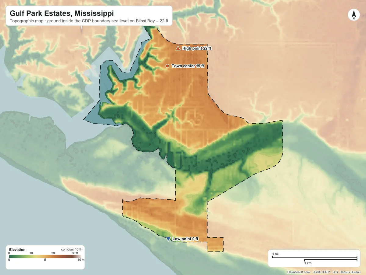 Topographic elevation map of Gulf Park Estates, Mississippi, shaded from sea level level on Biloxi Bay to 22 ft near the middle