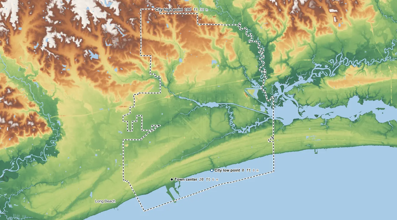 Topographic elevation map of Gulfport, Mississippi, shaded from sea level level on Mississippi Sound to 100 ft on the north side