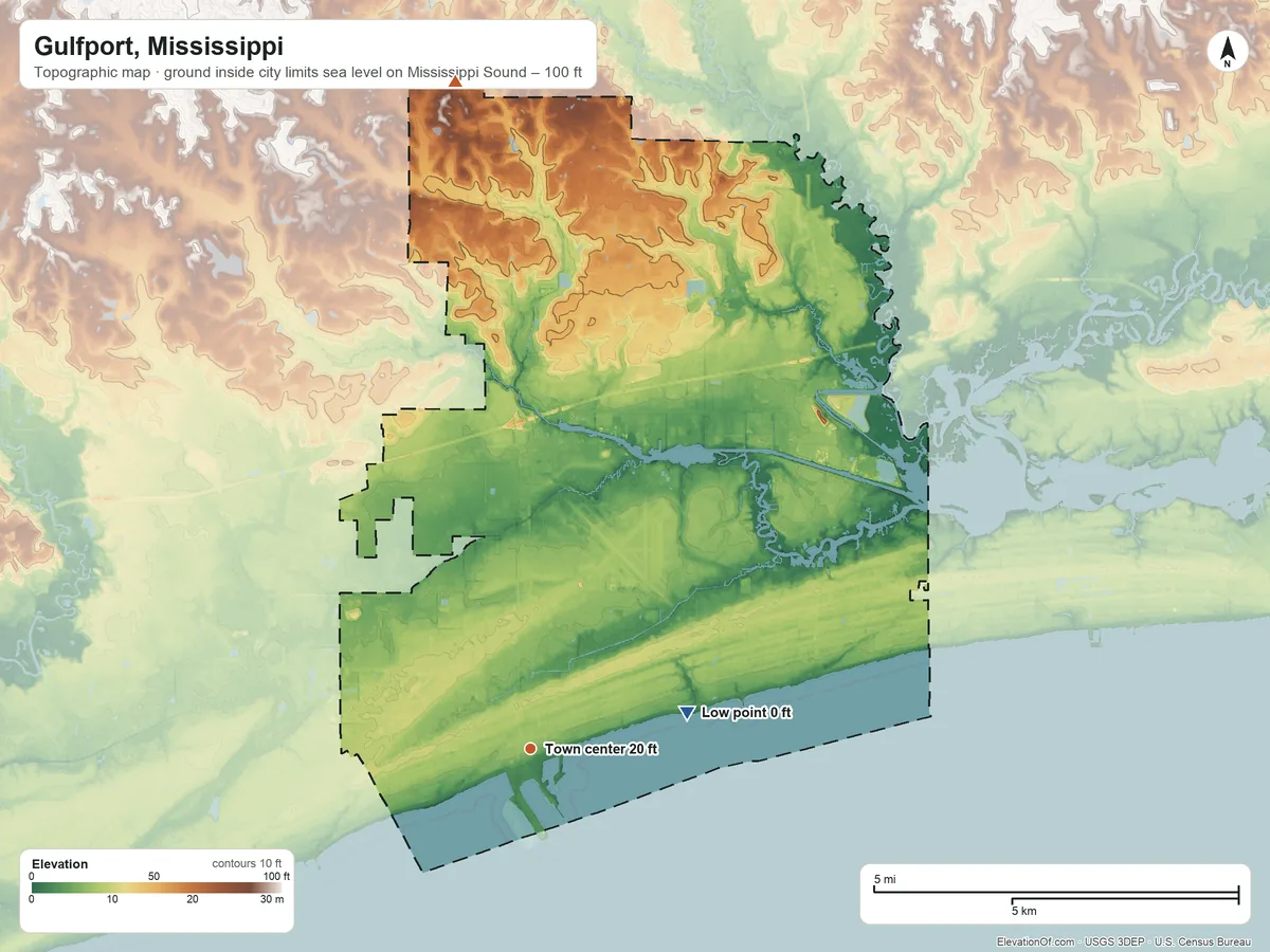 Topographic elevation map of Gulfport, Mississippi, shaded from sea level level on Mississippi Sound to 100 ft on the north side