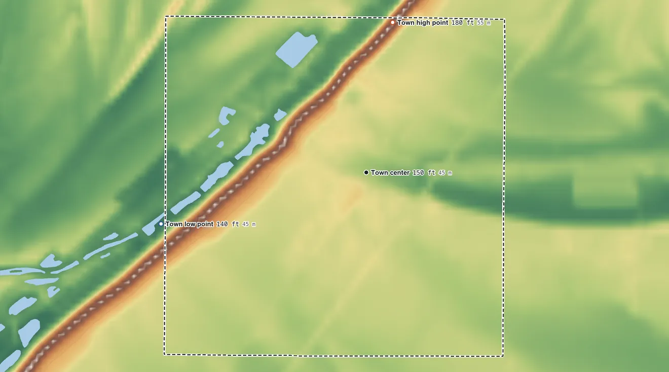 Topographic elevation map of Gunnison, Mississippi, shaded from 140 ft on the west side to 180 ft on the north side
