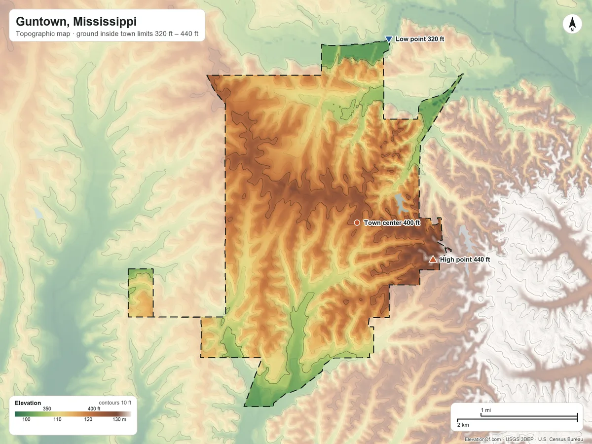 Topographic elevation map of Guntown, Mississippi, shaded from 320 ft on the north side to 440 ft on the southeast side