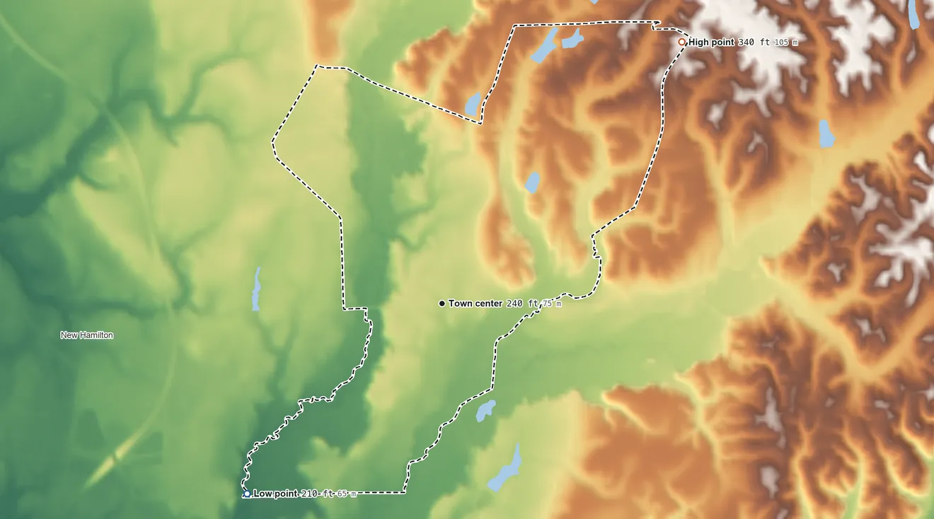 Topographic elevation map of Hamilton, Mississippi, shaded from 210 ft on the southwest side to 340 ft on the northeast side