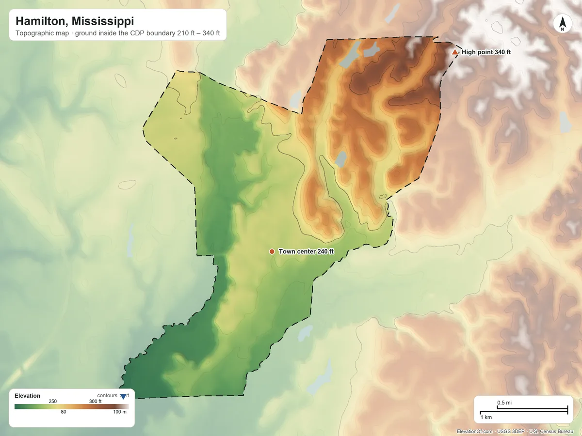 Topographic elevation map of Hamilton, Mississippi, shaded from 210 ft on the southwest side to 340 ft on the northeast side