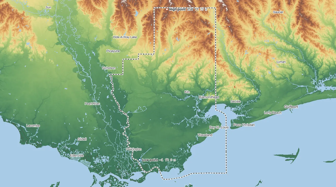 Topographic elevation map of Hancock County, Mississippi, shaded from 1 ft below sea level on the southwest side to 250 ft on the north side
