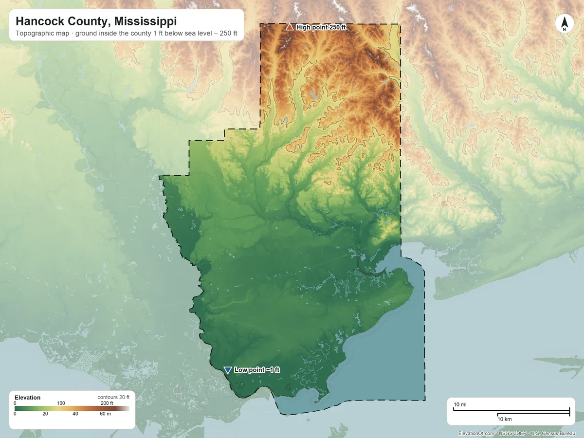 Topographic elevation map of Hancock County, Mississippi, shaded from 1 ft below sea level on the southwest side to 250 ft on the north side