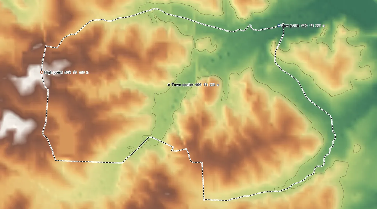 Topographic elevation map of Harperville, Mississippi, shaded from 380 ft on the northeast side to 460 ft on the west side