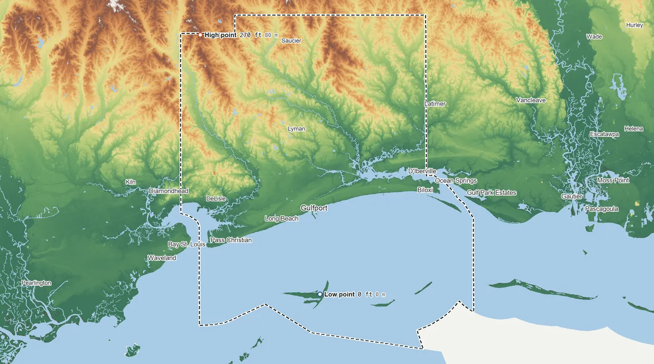 Topographic elevation map of Harrison County, Mississippi, shaded from sea level on Mississippi Sound to 270 ft on the northwest side