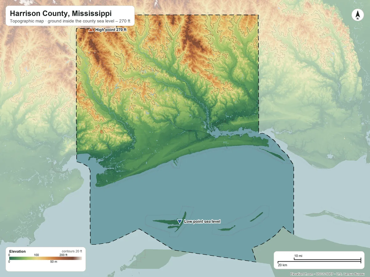 Topographic elevation map of Harrison County, Mississippi, shaded from sea level on Mississippi Sound to 270 ft on the northwest side