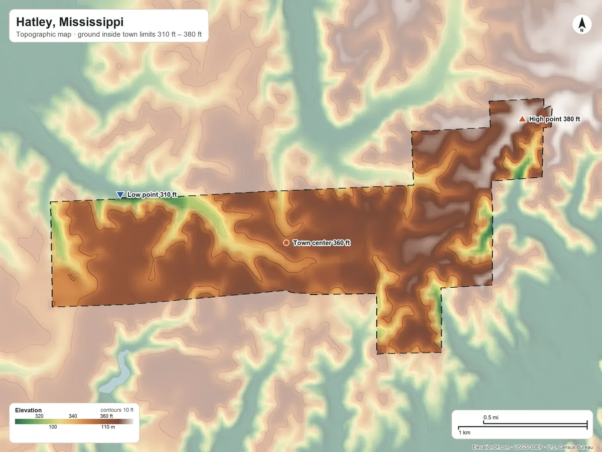 Topographic elevation map of Hatley, Mississippi, shaded from 310 ft on the west side to 380 ft on the northeast side
