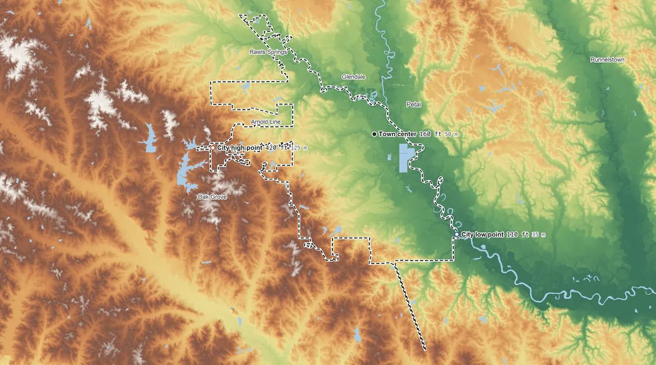 Topographic elevation map of Hattiesburg, Mississippi, shaded from 110 ft on the southeast side to 420 ft on the west side