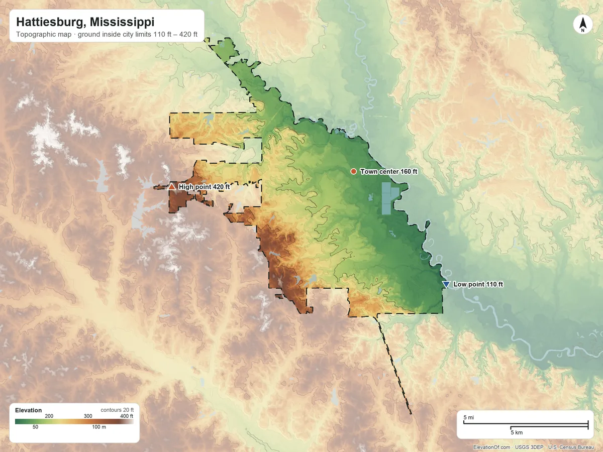 Topographic elevation map of Hattiesburg, Mississippi, shaded from 110 ft on the southeast side to 420 ft on the west side