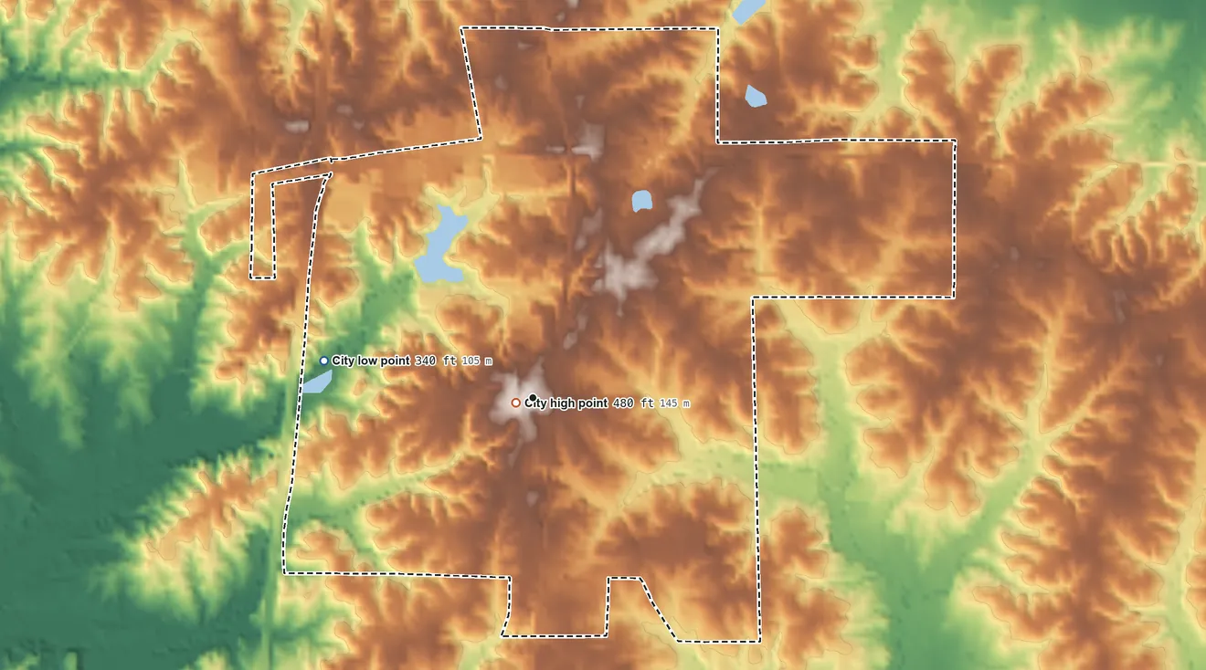 Topographic elevation map of Hazlehurst, Mississippi, shaded from 340 ft on the west side to 480 ft near the middle