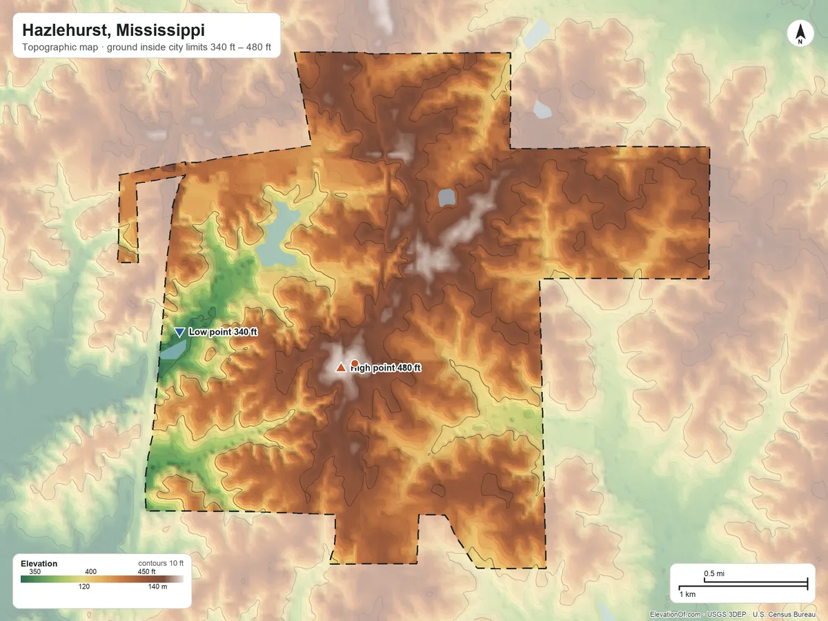 Topographic elevation map of Hazlehurst, Mississippi, shaded from 340 ft on the west side to 480 ft near the middle