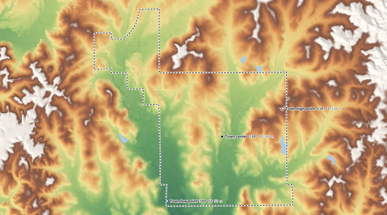 Topographic elevation map of Heidelberg, Mississippi, shaded from 300 ft on the southwest side to 430 ft on the northeast side
